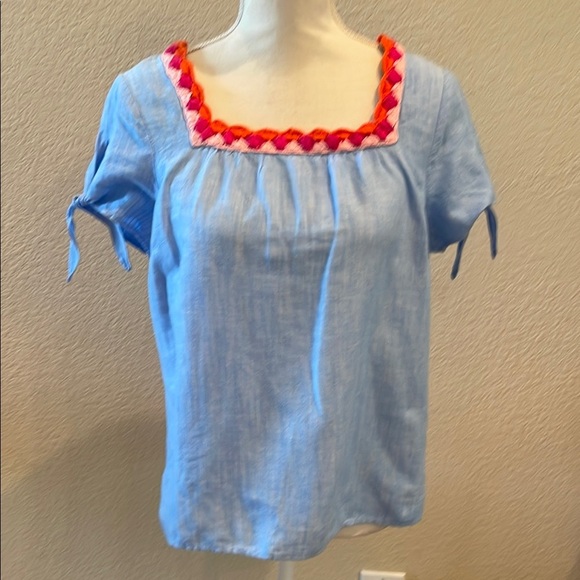 Blue and Red Puff Sleeve Smocked Blouse by TALBOTS Petites - Picture 1 of 6